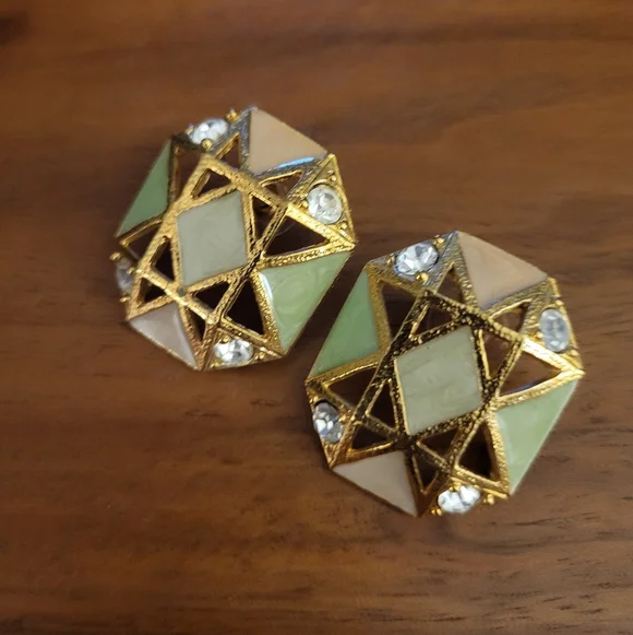 Vintage Avon Octagonal Gold Metal Enamel Statement Earrings 1990s - Picture 2 of 6